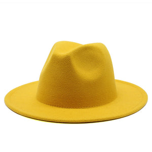 All-match Wide Brim Fedora Hat For Women Solid Color Wool Felt Hat For Men Autumn Winter Panama Gamble Yellow Jazz Cap 56-61cm