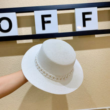 Load image into Gallery viewer, Macaron color straw hat sun hat flat top Korean fashion color chain with top hat acrylic beach hat candy color sun hat